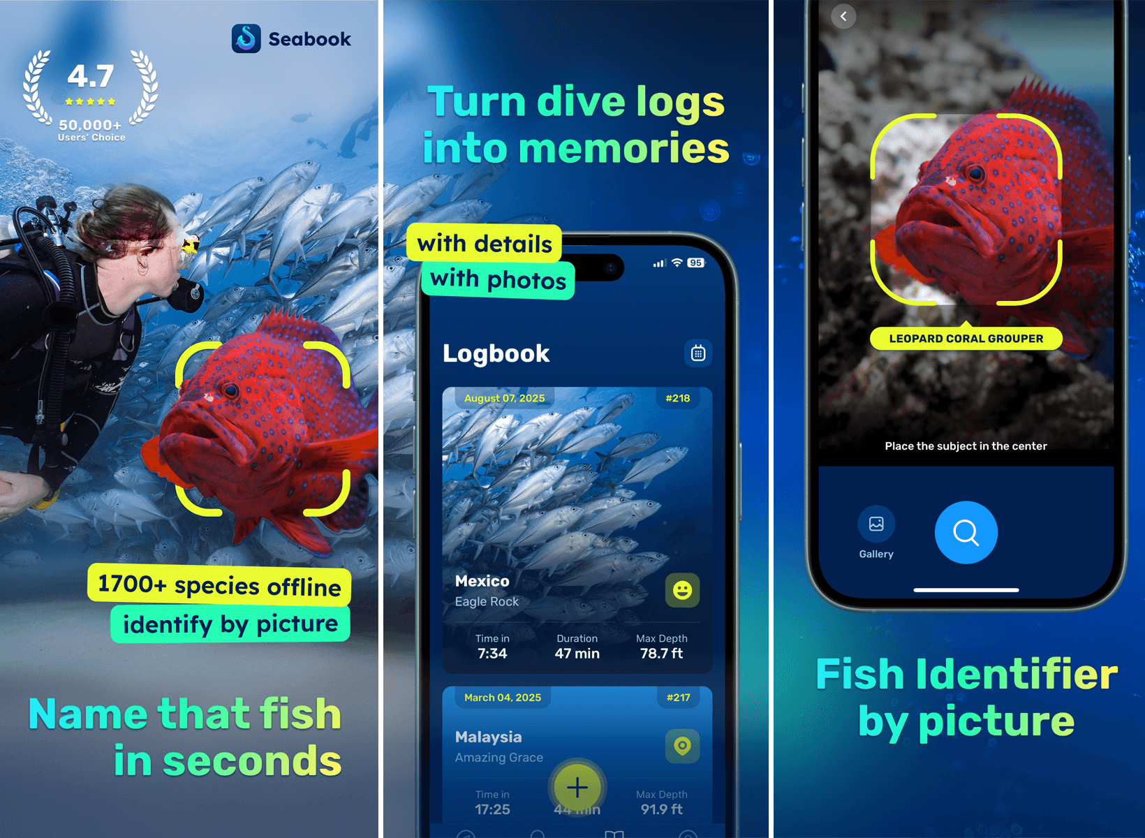 Fish identifier workflow screens in Seabook showing capture, trait comparison, and logging
