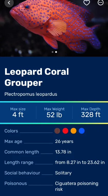 Species details with max size, weight, depth and colors